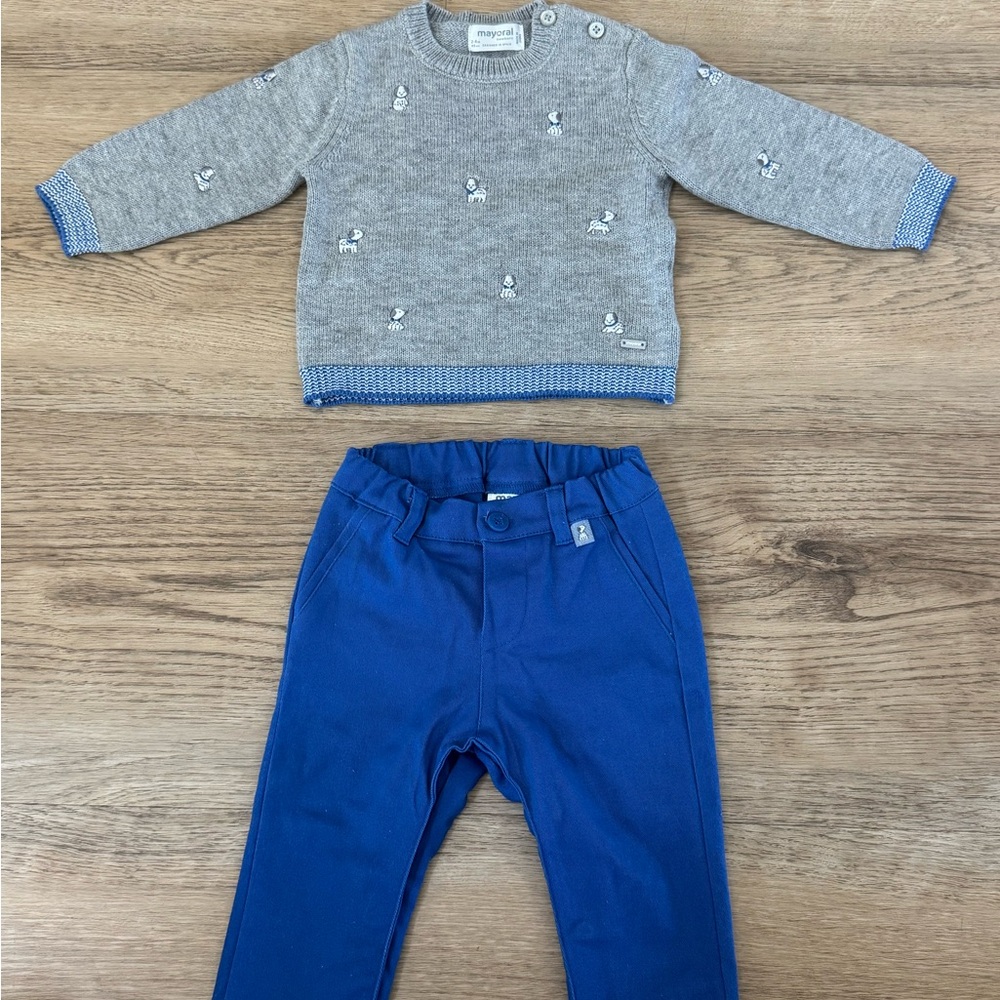 Mayoral Newborn Set - Gray Knit Sweater and Blue Pants